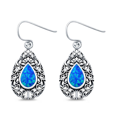 Pear Shape Drop Dangle Lab Created Blue Opal 925 Sterling Silver (22mm)